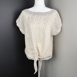 LL Bean Signature Womens Linen Floral Tie Front Short Sleeve Top Size S